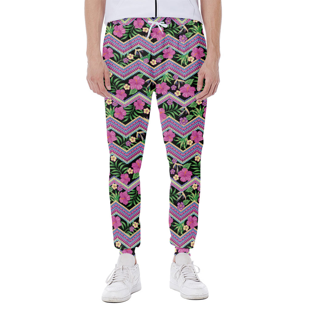Tropical Hibiscus Flowers Aztec Print Scuba Joggers