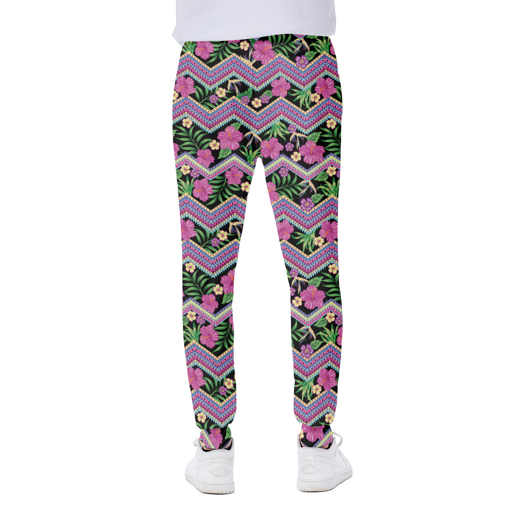 Tropical Hibiscus Flowers Aztec Print Scuba Joggers