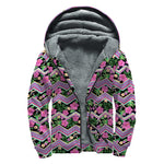 Tropical Hibiscus Flowers Aztec Print Sherpa Lined Zip Up Hoodie