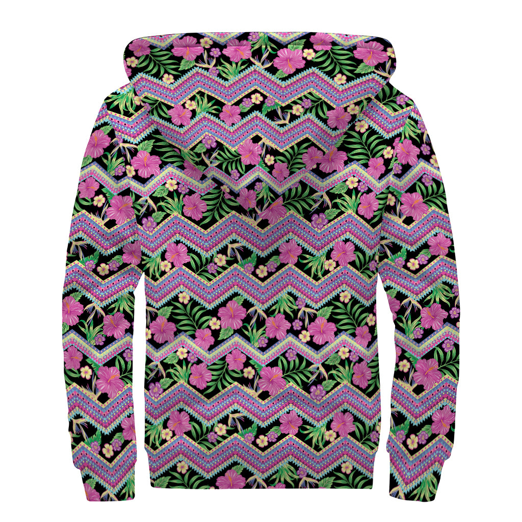 Tropical Hibiscus Flowers Aztec Print Sherpa Lined Zip Up Hoodie