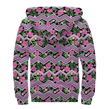 Tropical Hibiscus Flowers Aztec Print Sherpa Lined Zip Up Hoodie