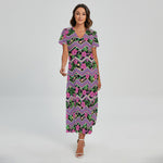 Tropical Hibiscus Flowers Aztec Print Short Sleeve Maxi Dress