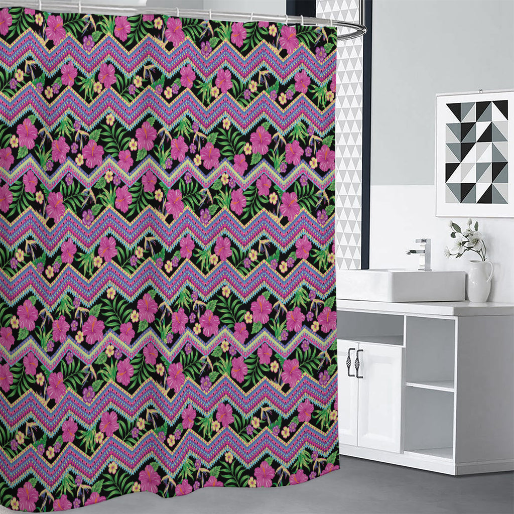 Tropical Hibiscus Flowers Aztec Print Shower Curtain