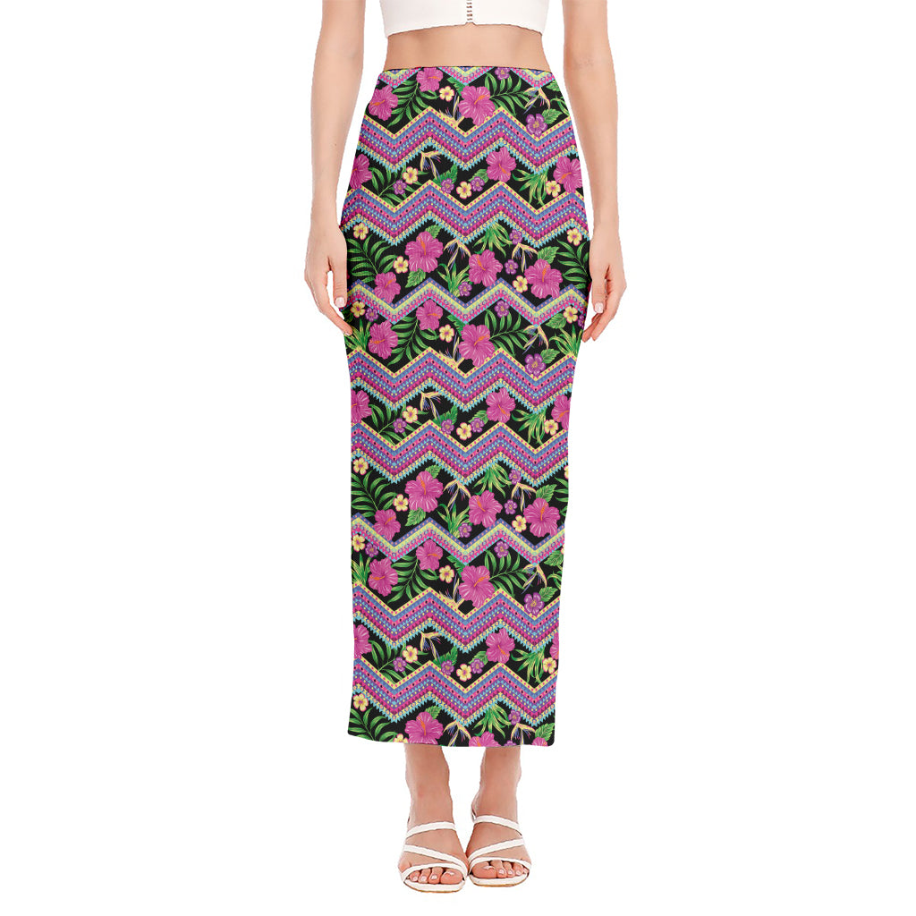 Tropical Hibiscus Flowers Aztec Print Side Slit Maxi Skirt