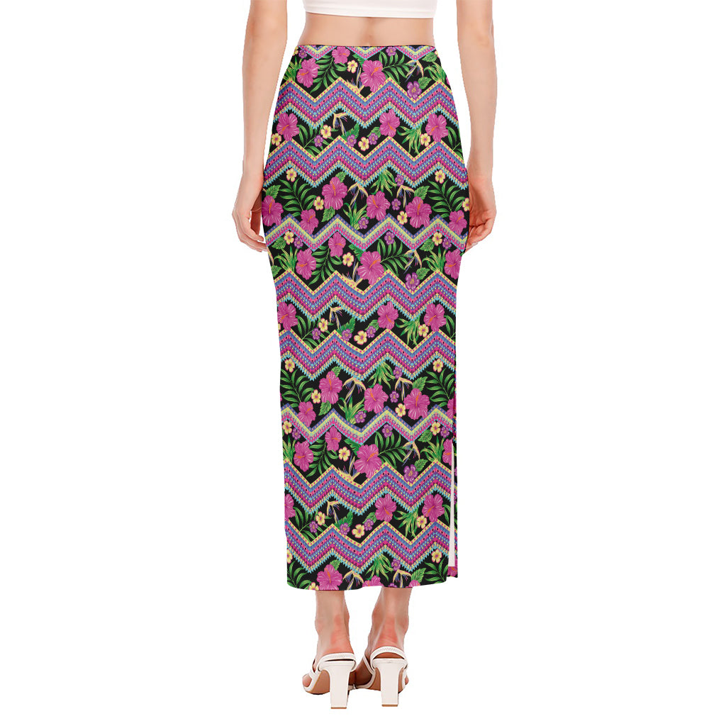 Tropical Hibiscus Flowers Aztec Print Side Slit Maxi Skirt