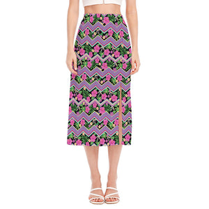 Tropical Hibiscus Flowers Aztec Print Side Slit Midi Skirt