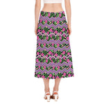 Tropical Hibiscus Flowers Aztec Print Side Slit Midi Skirt