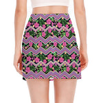 Tropical Hibiscus Flowers Aztec Print Side Slit Mini Skirt