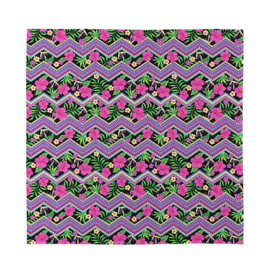 Tropical Hibiscus Flowers Aztec Print Silk Bandana