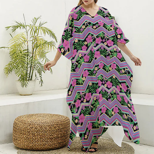 Tropical Hibiscus Flowers Aztec Print Silk V-Neck Kaftan Dress