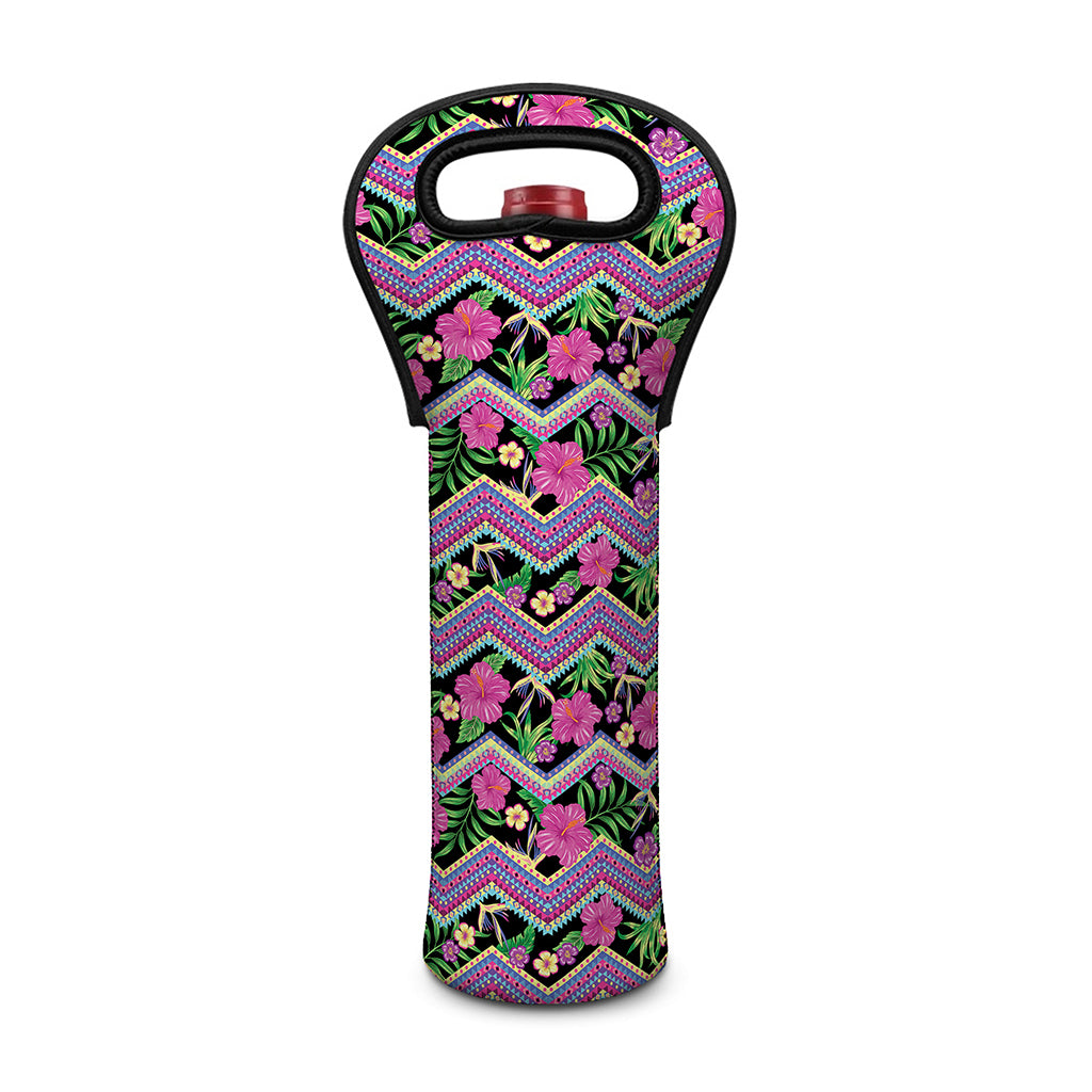 Tropical Hibiscus Flowers Aztec Print Single Neoprene Wine Tote