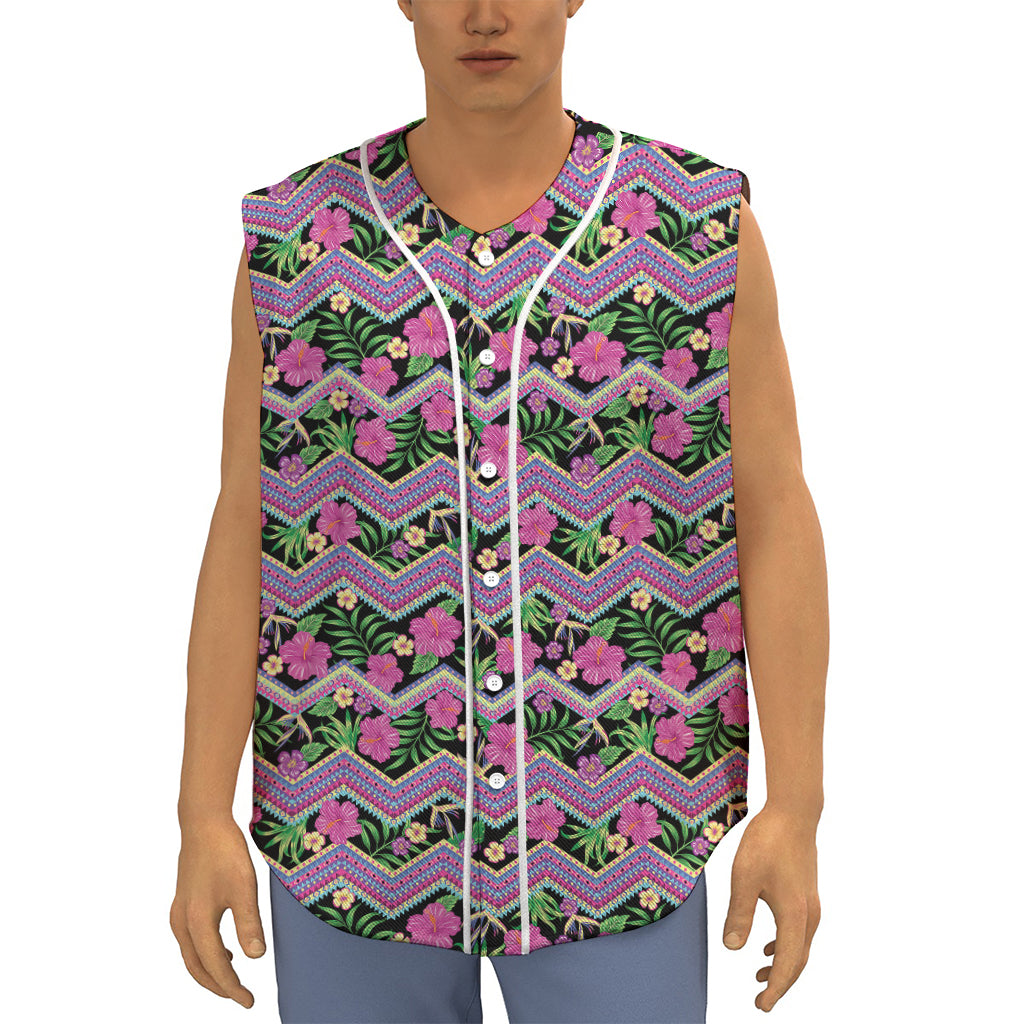 Tropical Hibiscus Flowers Aztec Print Sleeveless Baseball Jersey