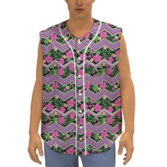 Tropical Hibiscus Flowers Aztec Print Sleeveless Baseball Jersey