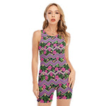 Tropical Hibiscus Flowers Aztec Print Sleeveless One Piece Swimsuit