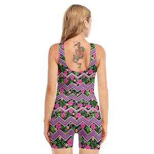 Tropical Hibiscus Flowers Aztec Print Sleeveless One Piece Swimsuit