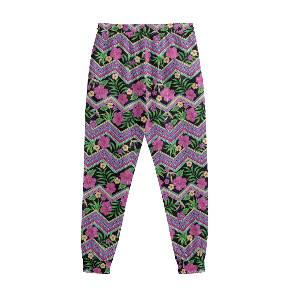 Tropical Hibiscus Flowers Aztec Print Sweatpants