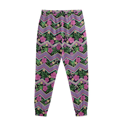 Tropical Hibiscus Flowers Aztec Print Sweatpants