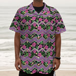 Tropical Hibiscus Flowers Aztec Print Textured Short Sleeve Shirt
