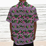 Tropical Hibiscus Flowers Aztec Print Textured Short Sleeve Shirt