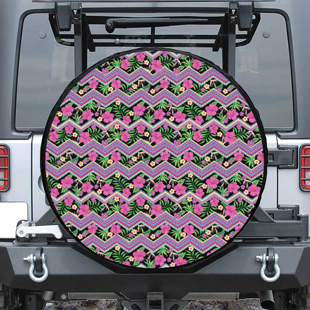 Tropical Hibiscus Flowers Aztec Print Tire Cover