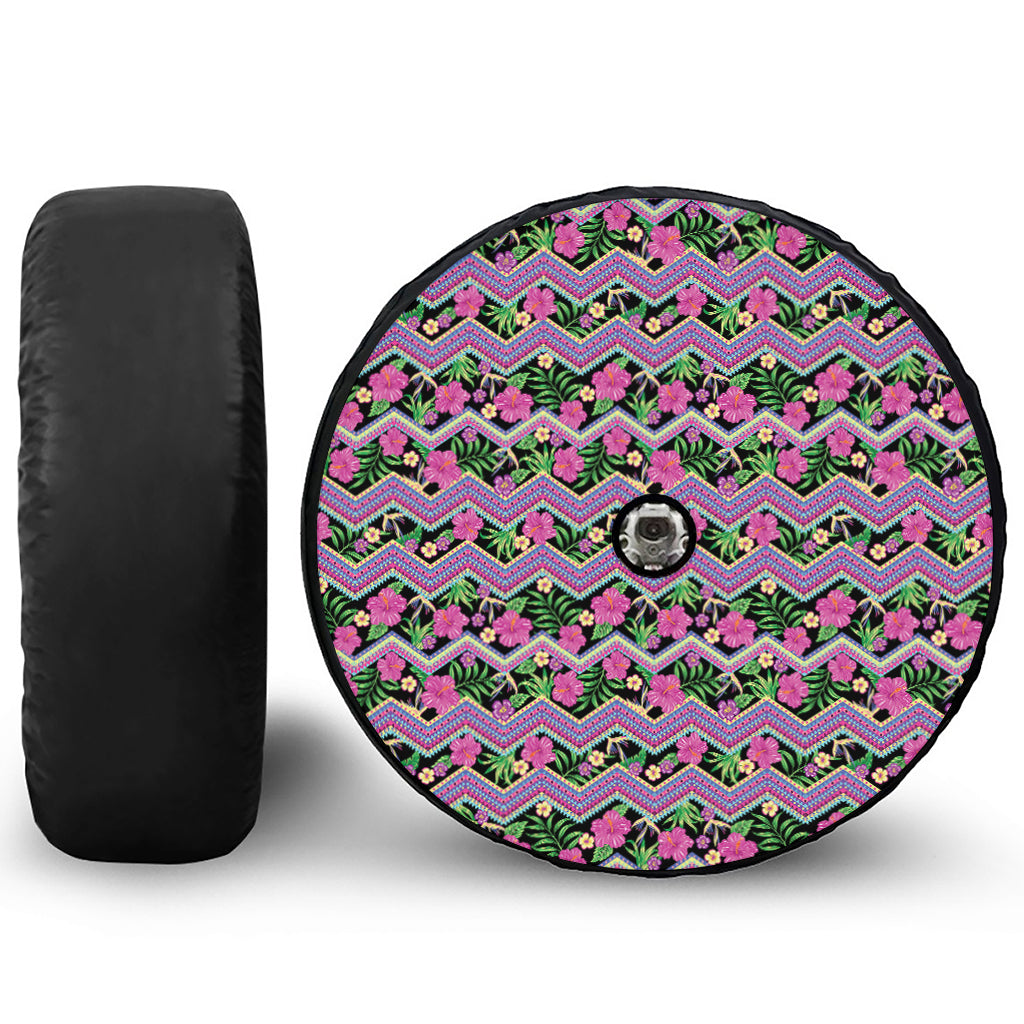 Tropical Hibiscus Flowers Aztec Print Tire Cover With Camera Hole