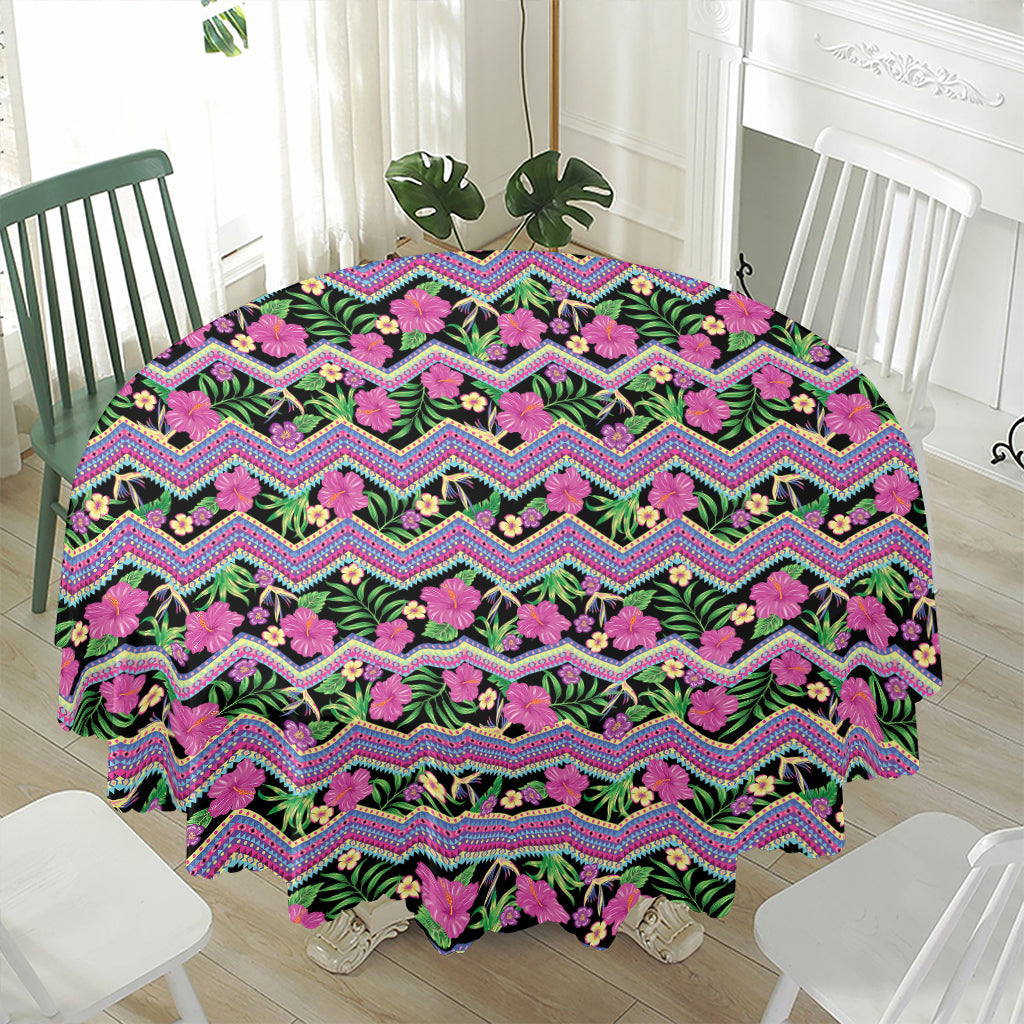 Tropical Hibiscus Flowers Aztec Print Waterproof Round Tablecloth