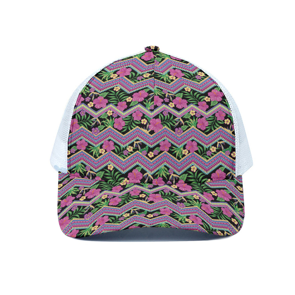 Tropical Hibiscus Flowers Aztec Print White Mesh Trucker Cap
