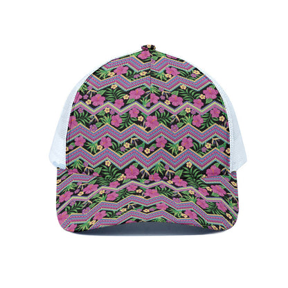 Tropical Hibiscus Flowers Aztec Print White Mesh Trucker Cap