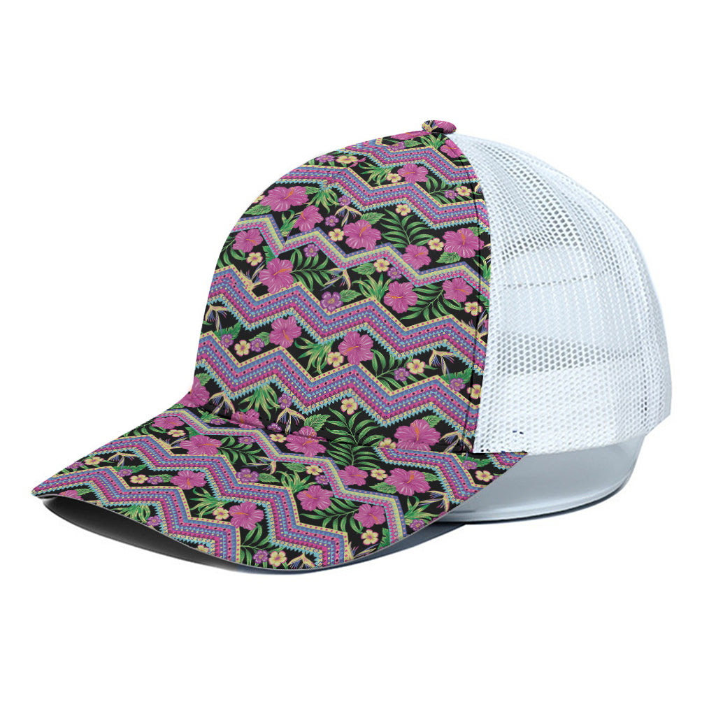 Tropical Hibiscus Flowers Aztec Print White Mesh Trucker Cap