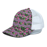 Tropical Hibiscus Flowers Aztec Print White Mesh Trucker Cap