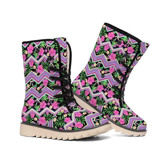 Tropical Hibiscus Flowers Aztec Print Winter Boots