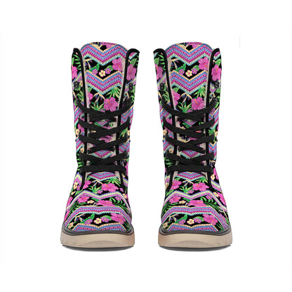 Tropical Hibiscus Flowers Aztec Print Winter Boots