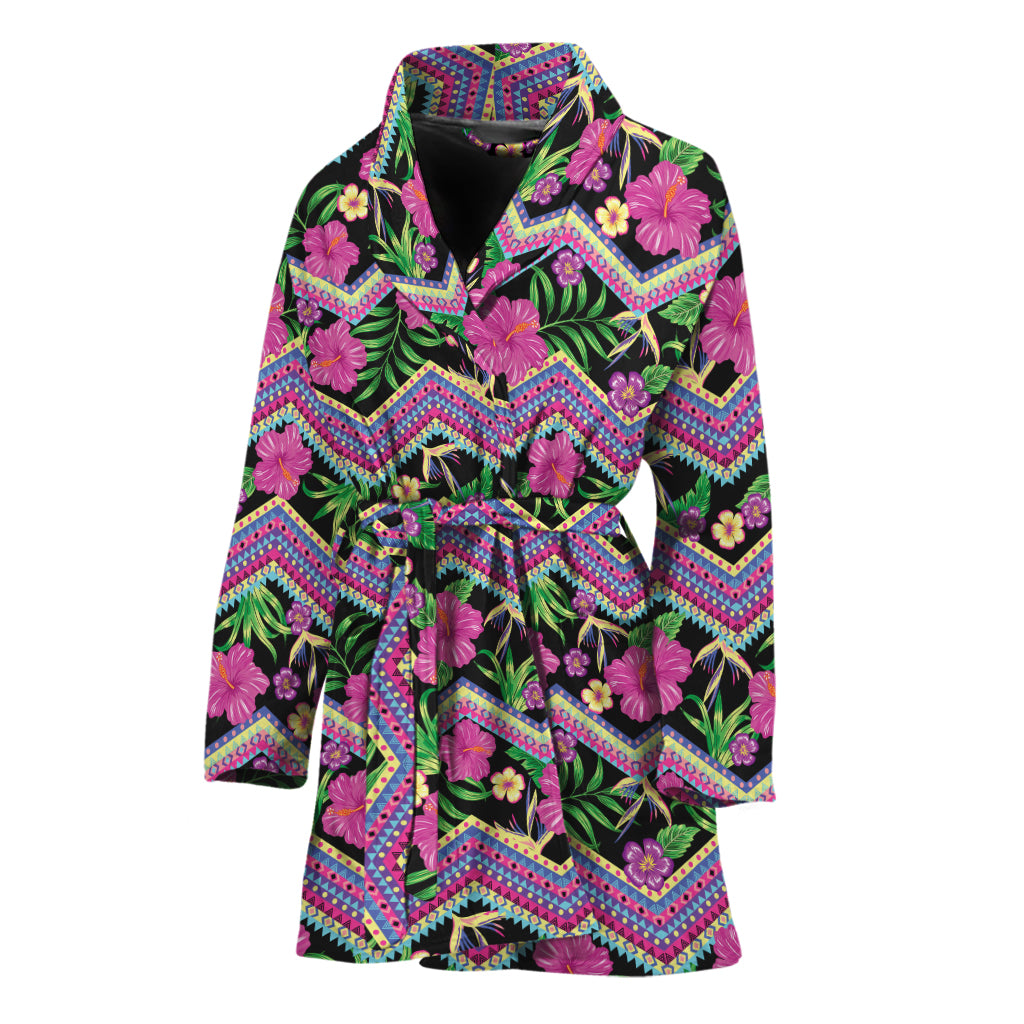 Tropical Hibiscus Flowers Aztec Print Women's Bathrobe