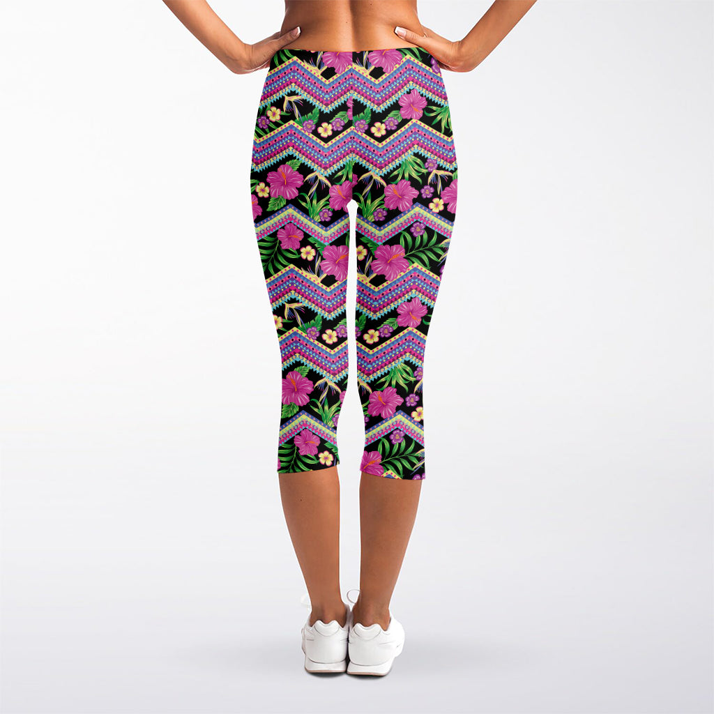 Tropical Hibiscus Flowers Aztec Print Women's Capri Leggings