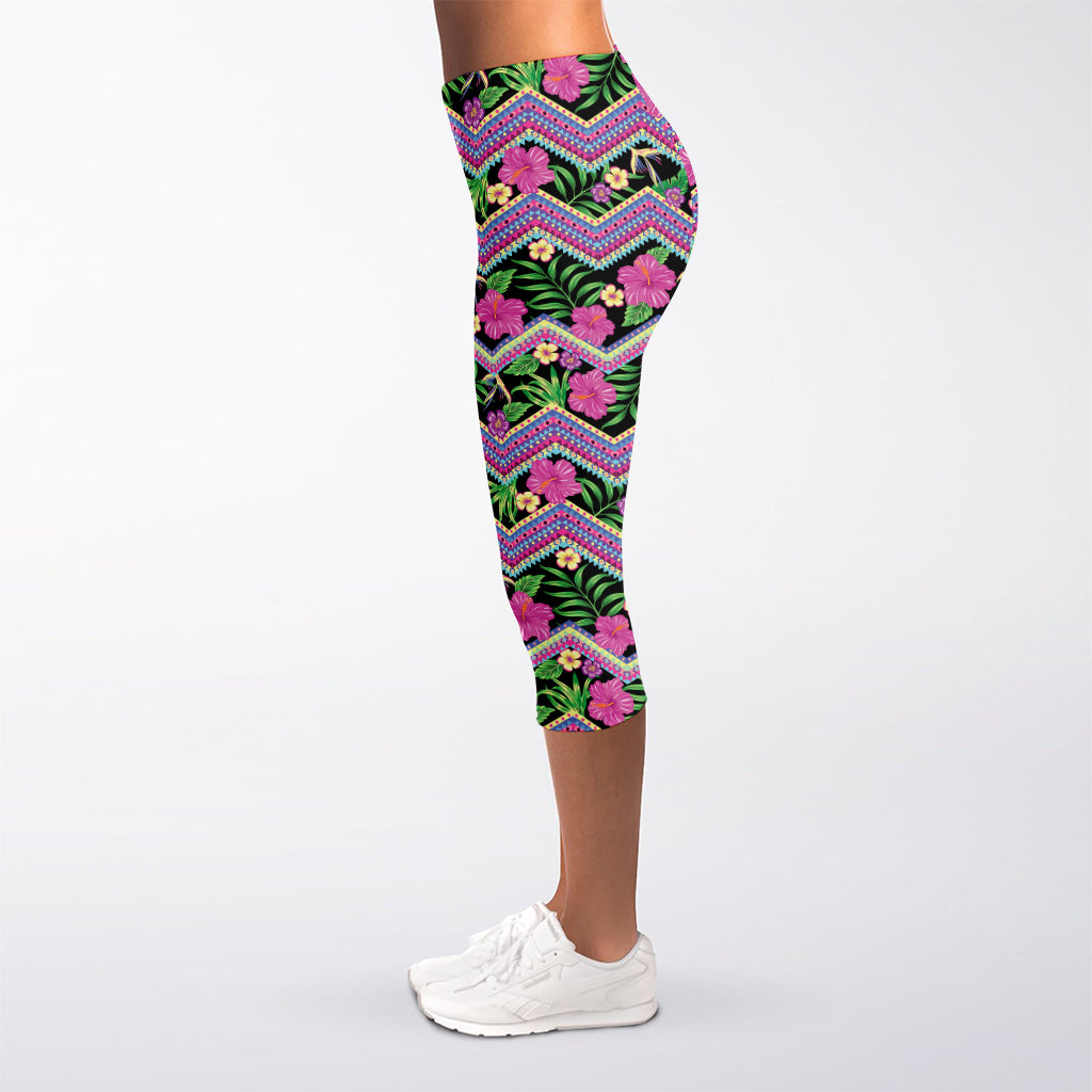 Tropical Hibiscus Flowers Aztec Print Women's Capri Leggings