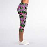 Tropical Hibiscus Flowers Aztec Print Women's Capri Leggings