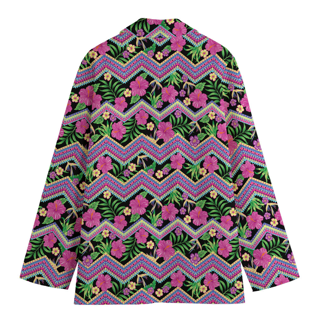 Tropical Hibiscus Flowers Aztec Print Women's Cotton Blazer