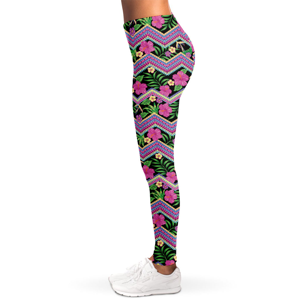 Tropical Hibiscus Flowers Aztec Print Women's Leggings