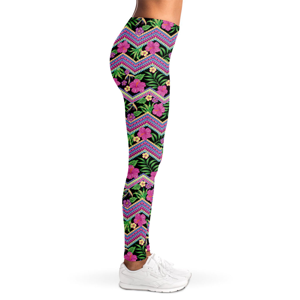 Tropical Hibiscus Flowers Aztec Print Women's Leggings