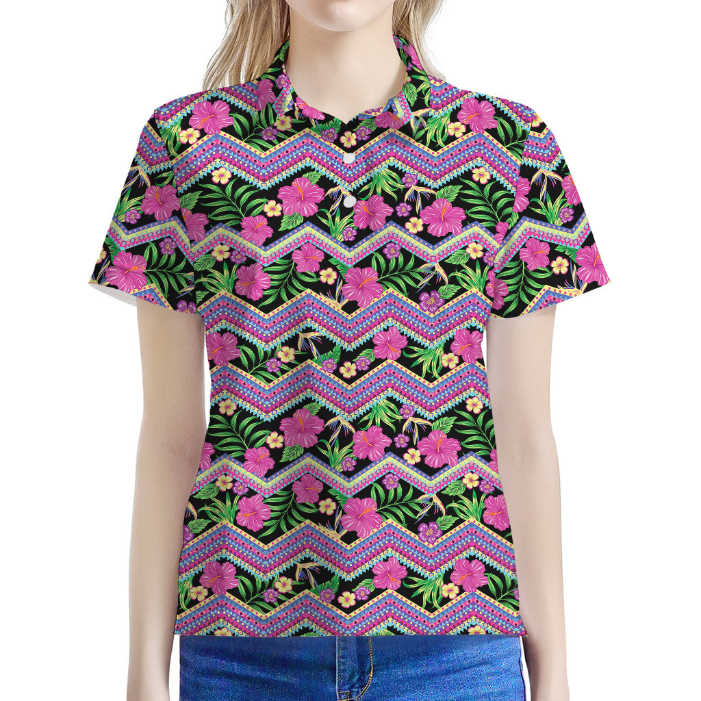 Tropical Hibiscus Flowers Aztec Print Women's Polo Shirt