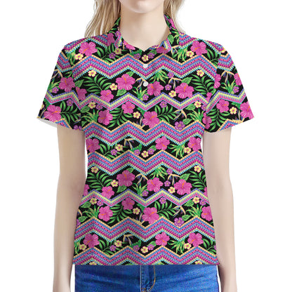 Tropical Hibiscus Flowers Aztec Print Women's Polo Shirt