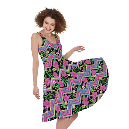 Tropical Hibiscus Flowers Aztec Print Women's Sleeveless Dress