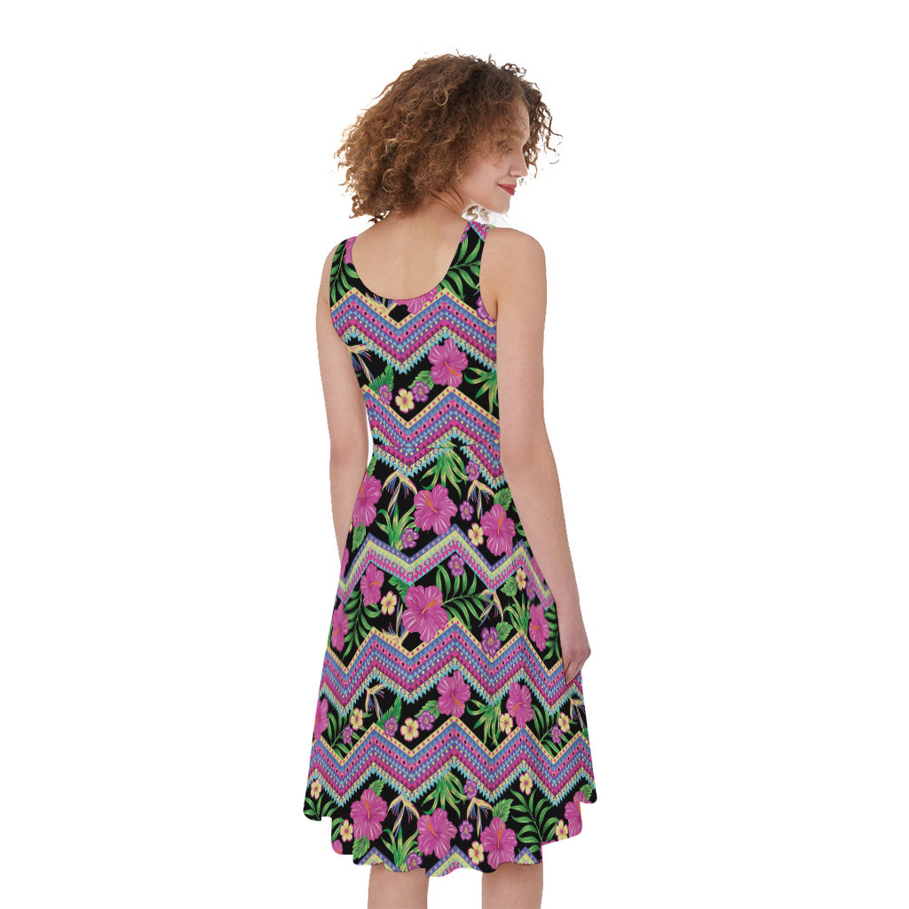 Tropical Hibiscus Flowers Aztec Print Women's Sleeveless Dress