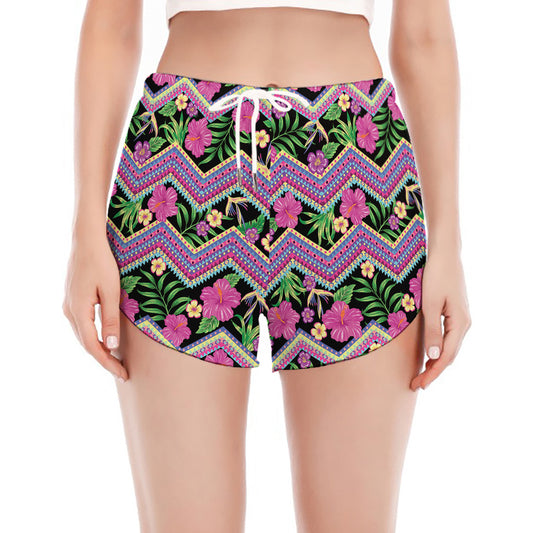 Tropical Hibiscus Flowers Aztec Print Women's Split Running Shorts