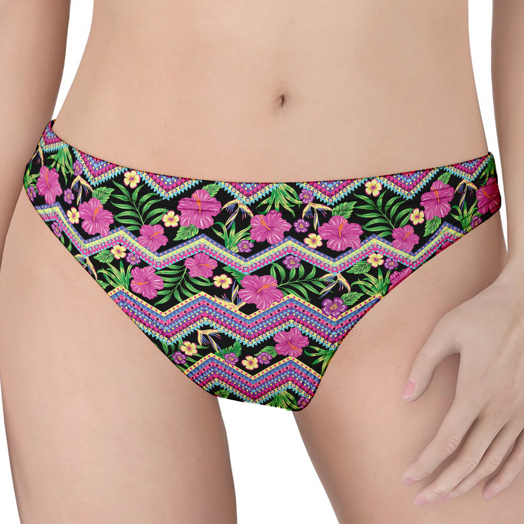 Tropical Hibiscus Flowers Aztec Print Women's Thong