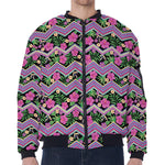 Tropical Hibiscus Flowers Aztec Print Zip Sleeve Bomber Jacket