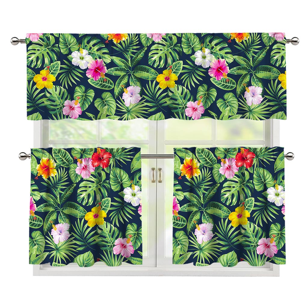 Tropical Hibiscus Flowers Pattern Print 3 Piece Kitchen Curtains