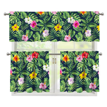 Tropical Hibiscus Flowers Pattern Print 3 Piece Kitchen Curtains