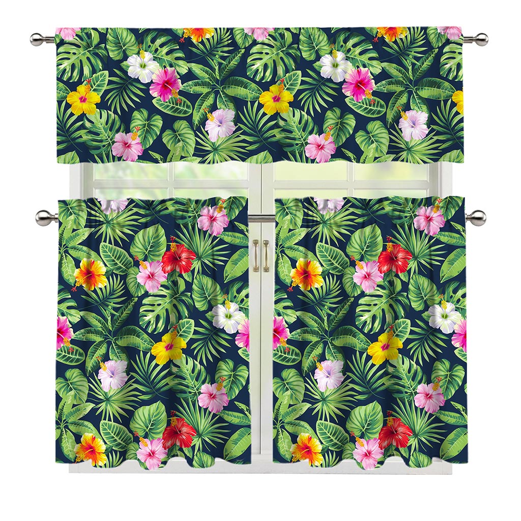 Tropical Hibiscus Flowers Pattern Print 3 Piece Kitchen Curtains