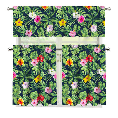 Tropical Hibiscus Flowers Pattern Print 3 Piece Kitchen Curtains